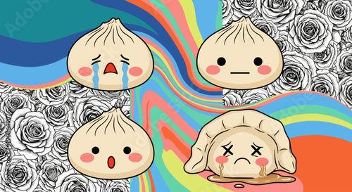 Four dumplings with different facial expressions on a colorful background with swirling patterns and flowers