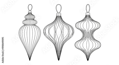 Three intricately designed ornaments hanging from above, showcasing decorative shapes and patterns in a minimalist illustration style