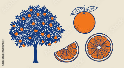 A vibrant orange tree with fruit and slices, depicted in a stylized illustration, showcasing a serene scene of nature's abundance from a straightforward viewpoint.