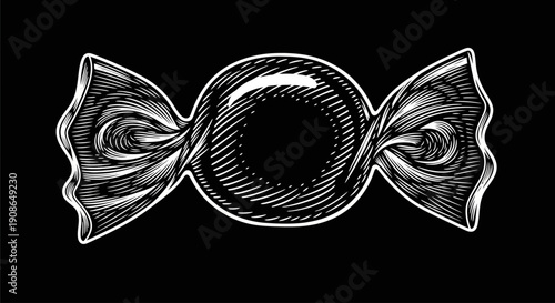 An illustration of a lollipop with swirled candy wrapper on a dark background viewed from the front
