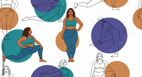 Women practicing yoga in various poses on colorful circles, showcasing flexibility and serenity in a digital illustration.