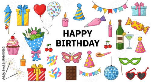 Colorful birthday celebration elements collage with gifts, balloons, and decorations arranged in a lively festive illustration