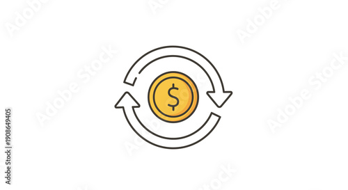 Golden dollar coin with arrows.