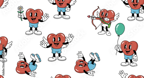 A vibrant pattern featuring anthropomorphic hearts engaging in various activities across a white background from a direct viewpoint.