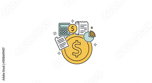 Golden dollar coin with finance documents.