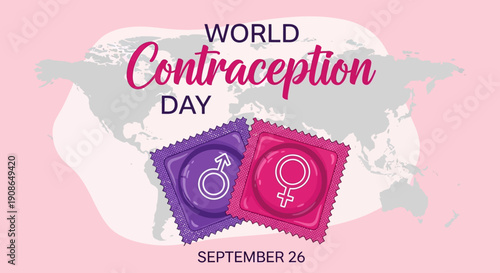 World Contraception Day poster with condoms on map on 26 September