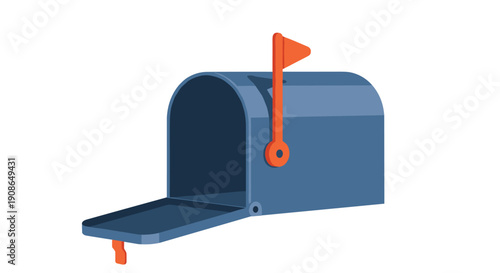 Classic blue mailbox with its door ajar and the orange flag raised, ready for outgoing or incoming postal items.