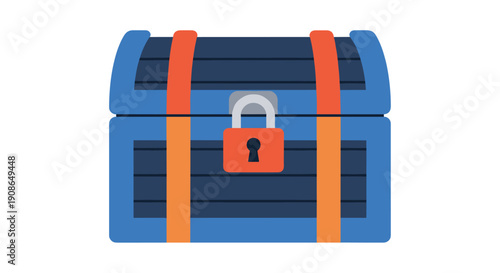 Stylized illustration of a blue treasure chest with orange straps and a prominent red padlock, symbolizing hidden secrets, wealth, and secure storage in a simple, engaging graphic