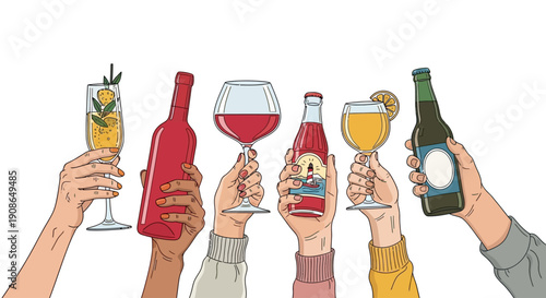Multiple hands holding various drinks and beverages in a celebratory toast