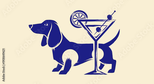 A dachshund enjoying a cocktail illustrated in a simple graphic style with a beverage and lime slice