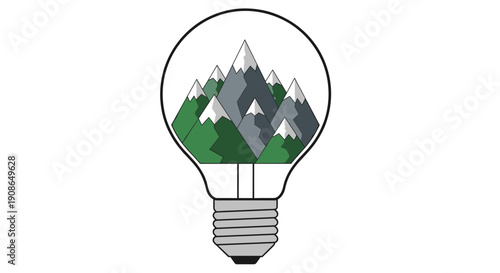 Creative graphic illustration featuring a picturesque mountain landscape encapsulated within a clear lightbulb, symbolizing environmental ideas, green energy, and sustainable