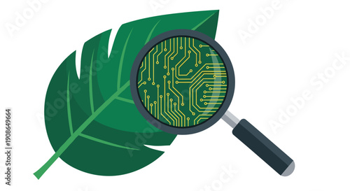 Scientific graphic illustration depicting a magnifying glass revealing intricate circuit board patterns on a green leaf, symbolizing biotechnology, microscopic research, and the