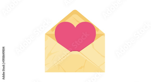 A vibrant pink heart emerging from a light yellow envelope, symbolizing love and affection, viewed from directly above.