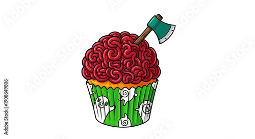 A cartoon cupcake with a brain on top being chopped with an axe, illustrating a violent dessert fantasy scene