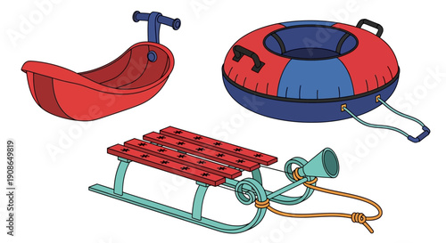 Winter sledding equipment including sled, tube, and toboggan on a snowy landscape viewed from above