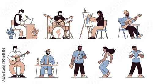 A cheerful man playing guitar while seated, perfect for music-related content or creative projects.