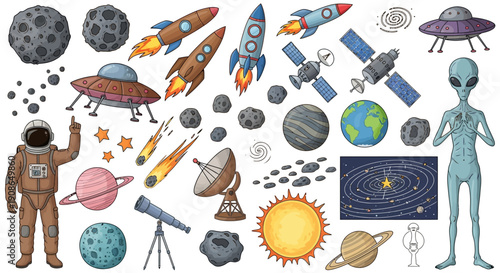 Illustration of Space Exploration Elements Featuring Astronauts, Aliens, and Celestial Bodies in Orbit Around the Sun