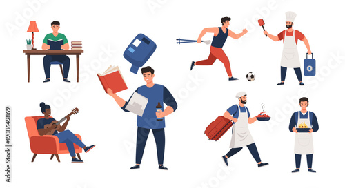 A relaxed man playing guitar in a cozy armchair evokes a calm and creative atmosphere, perfect for music lovers and lifestyle content.