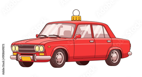 A red taxi cab is parked on the street, viewed from the side, in a simple illustration style.