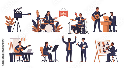 A relaxed man plays guitar in an office setting, evoking creativity and leisure during work hours.