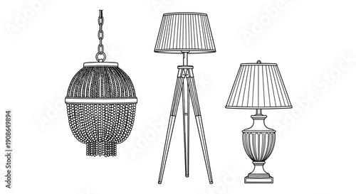 Illustration of various lamps and a hanging lantern on a white background from a front viewpoint
