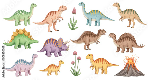 Ancient dinosaurs roam freely in a lush prehistoric landscape with volcano, plants, and flowers in a vibrant illustration