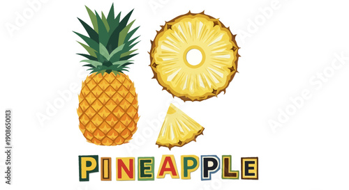 Colorful illustration of a whole pineapple and slices on a plain background from a straightforward viewpoint