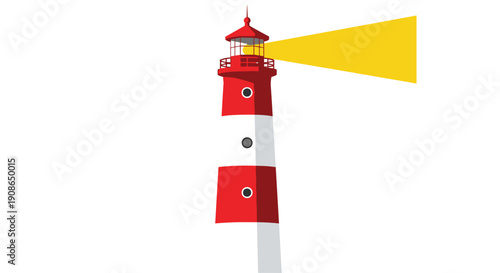 Striking graphic illustration of a red and white striped lighthouse emitting a powerful yellow beam, symbolizing guidance, safety, navigation, hope, and maritime direction for