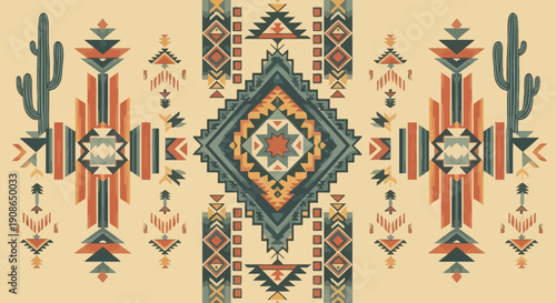 Southwestern Pattern Featuring Cacti, Geometric Shapes, and Tribal Designs in a Symmetrical Arrangement