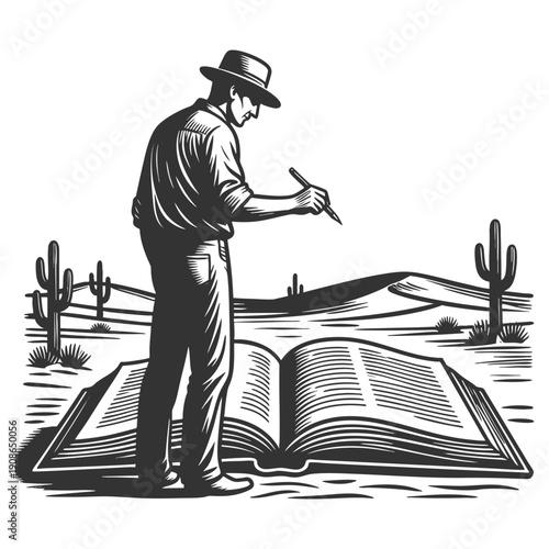 man standing in a desert, writing in a large open book as if shaping the world around him sketch engraving generative ai fictional character vector illustration. Scratch board. Black and white image.