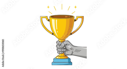 A hand grasping a golden trophy with sparkles, celebrating achievement from a straightforward view.