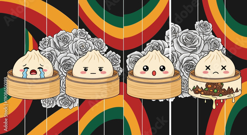 Assorted steamed buns with various facial expressions on colorful striped background