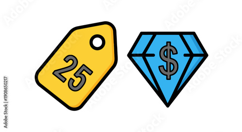 A yellow price tag with number twenty-five alongside a blue diamond icon symbolizing luxury and monetary value on a clean white background