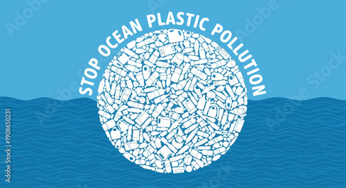 Earth surrounded by plastic waste in the ocean viewed from above with a clear message to stop pollution