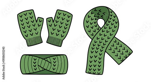 Illustration of green knitted winter clothing accessories including gloves, hat, and scarf on a clean background from a straightforward viewpoint