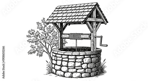 An old stone well with a tiled roof and wooden structure surrounded by a tree in a serene rural setting viewed from the front