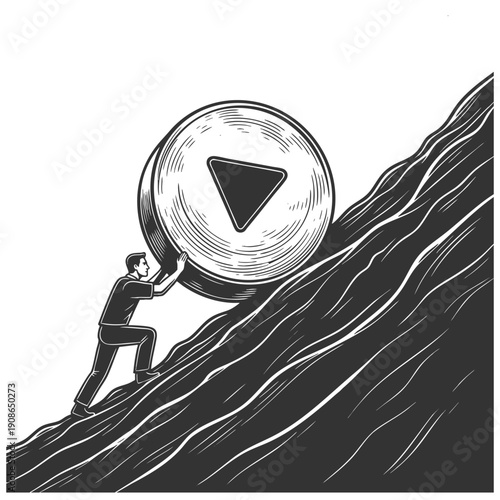 man struggling to push a large play icon up a steep hill, effort in digital creation sketch engraving generative ai fictional character vector illustration. Scratch board. Black and white image.
