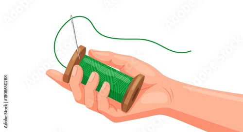 Hand holding a spool of green thread with a needle, illustration of sewing preparation