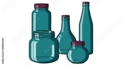 Assorted teal glass jars and bottles with maroon lids arranged closely together on a white surface viewed from the front