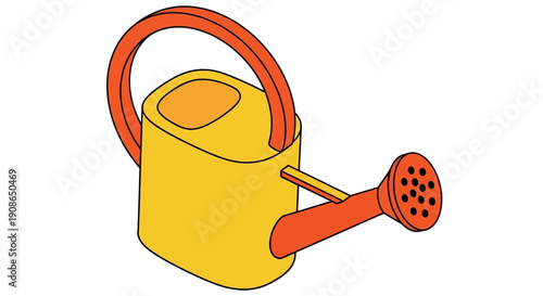 A yellow watering can with an orange handle and spout on a plain background viewed from the side.