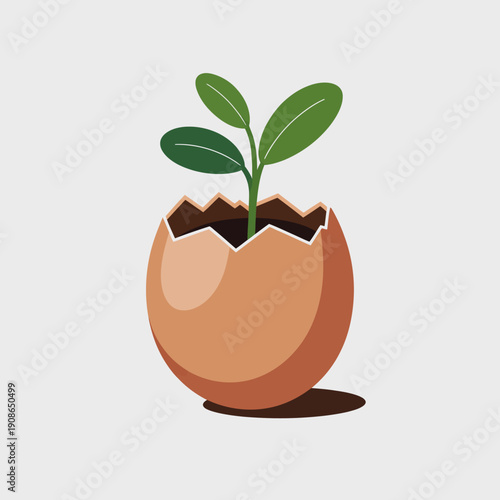 A small green plant with two leaves grows out of a cracked eggshell.