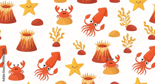 Vibrant ocean creatures and seaweed pattern viewed from above in a lively underwater scene