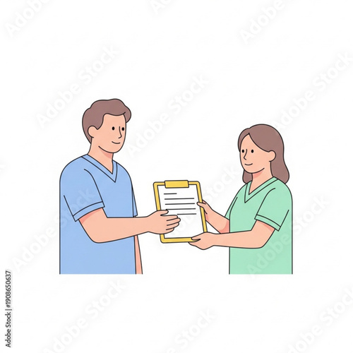 Male healthcare worker handing clipboard to female colleague in clinic  