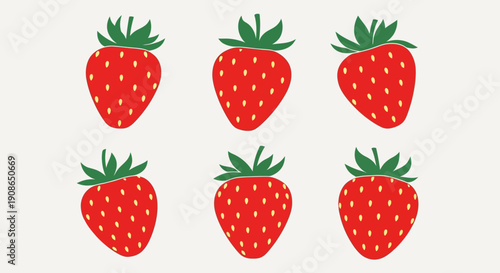 Six ripe strawberries arranged in two rows on a clean white surface viewed from directly above