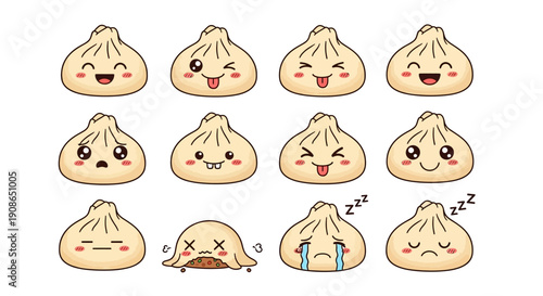 Cartoon dumplings with various facial expressions arranged in a grid on a white background from a direct viewpoint