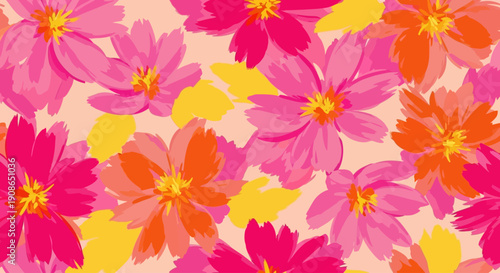 Vibrant floral pattern with colorful flowers arranged in a repeating design viewed from directly above