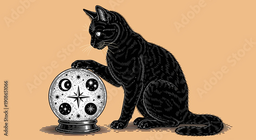 A black cat sitting beside a crystal ball with mystical symbols on it
