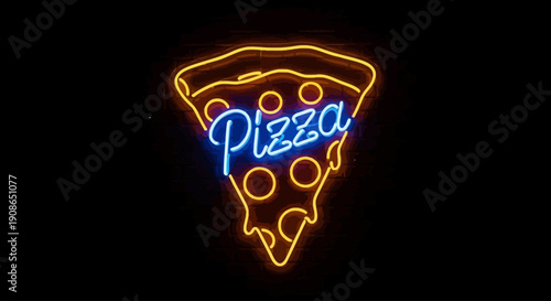 Neon sign of a pizza slice glowing brightly in a dark environment viewed from the front