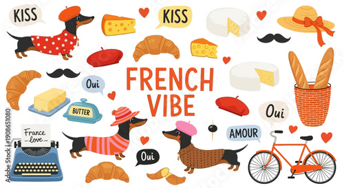 Vibrant French-inspired illustration featuring dogs, bicycles, and romantic elements in a lively flat design