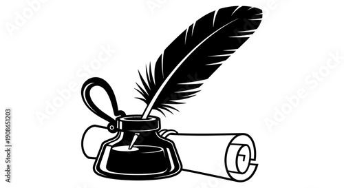 An illustration of a feather quill pen and inkwell with a parchment scroll